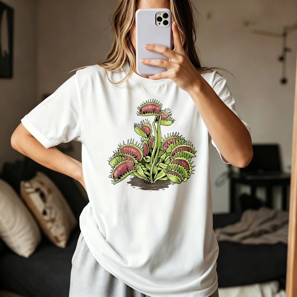 Carnivorous Plant Fly Trap Graphic Funny Cartoon Printed Plants Lover Tshirt Short Sleeve O-neck Casual Fashion Loose T Shirt