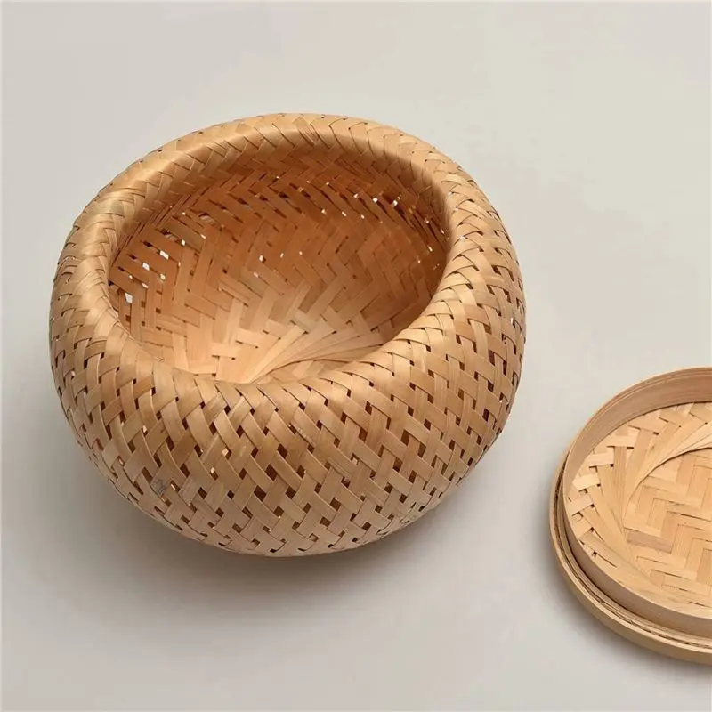 Y51A Set of 4 Small Decorative Bamboo Storage Box with Lid Handmade Braided Basket for Tea Bags Jewelry Makeup Brush Organizer