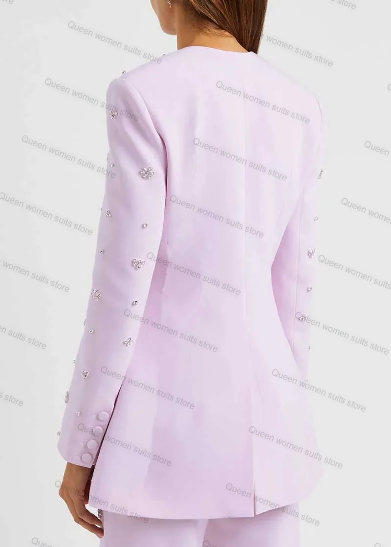 Hellviolette Frauen Anzug Hosen Set 2 Stück Blazer gerade Hosen Kristalle Hochzeit Smoking formale Luxus jacke maßge schneider ten Mantel