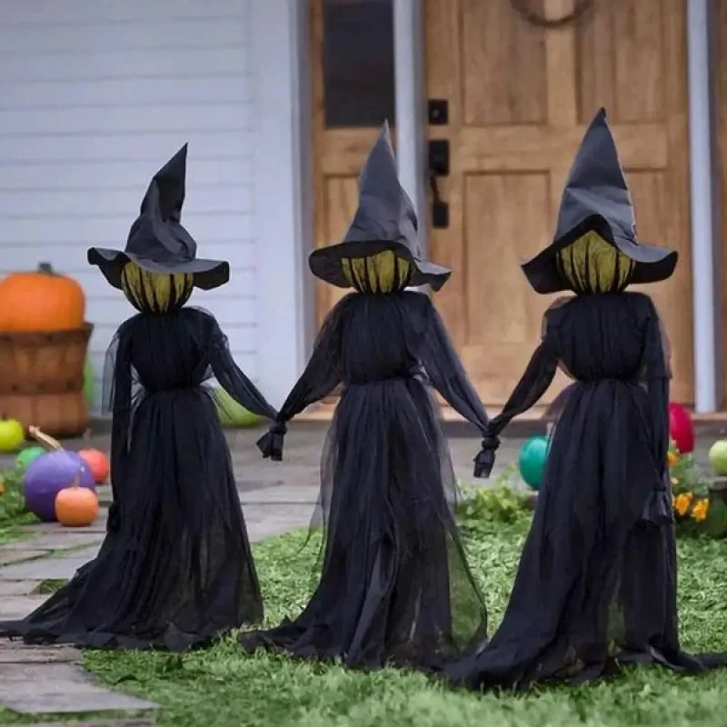 Halloween Light-Up Witches Decoration with Stakes Outdoor Holding Hands Screaming Witches Sound Activated Sensor Decor