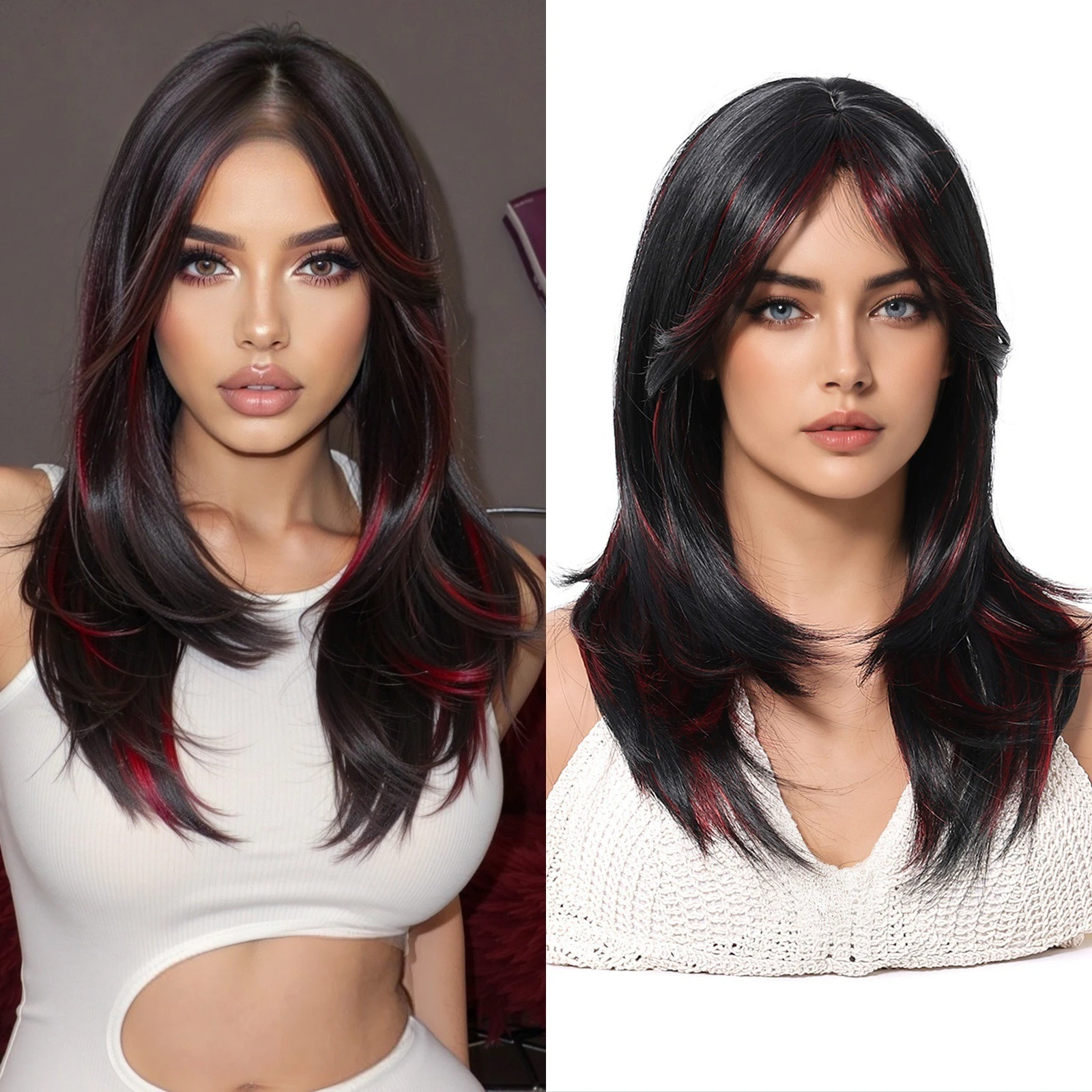 

Synthetic Women's Full Head Wig with Wine Red Bangs, Gradient Black Medium-Length Curly Hair