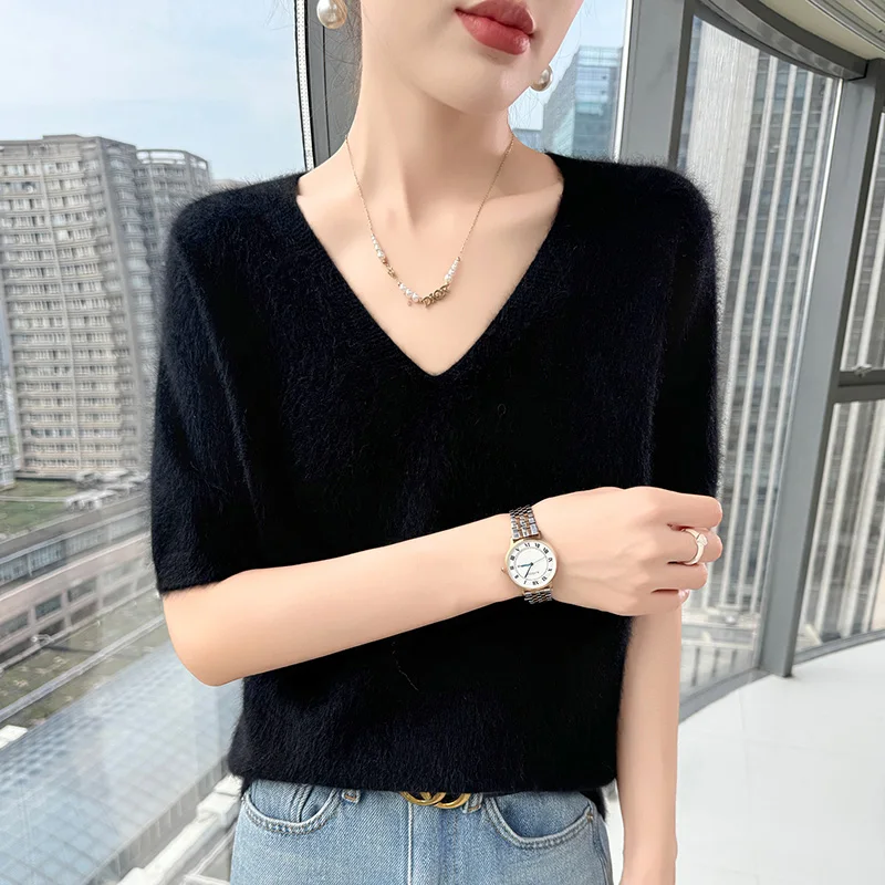 Winter Autumn Women 100 Mink Cashmere Knitted Sweater Fashion Short Sleeve V Neck Pullover Top New Ladies Clothing T-shirt Shirt