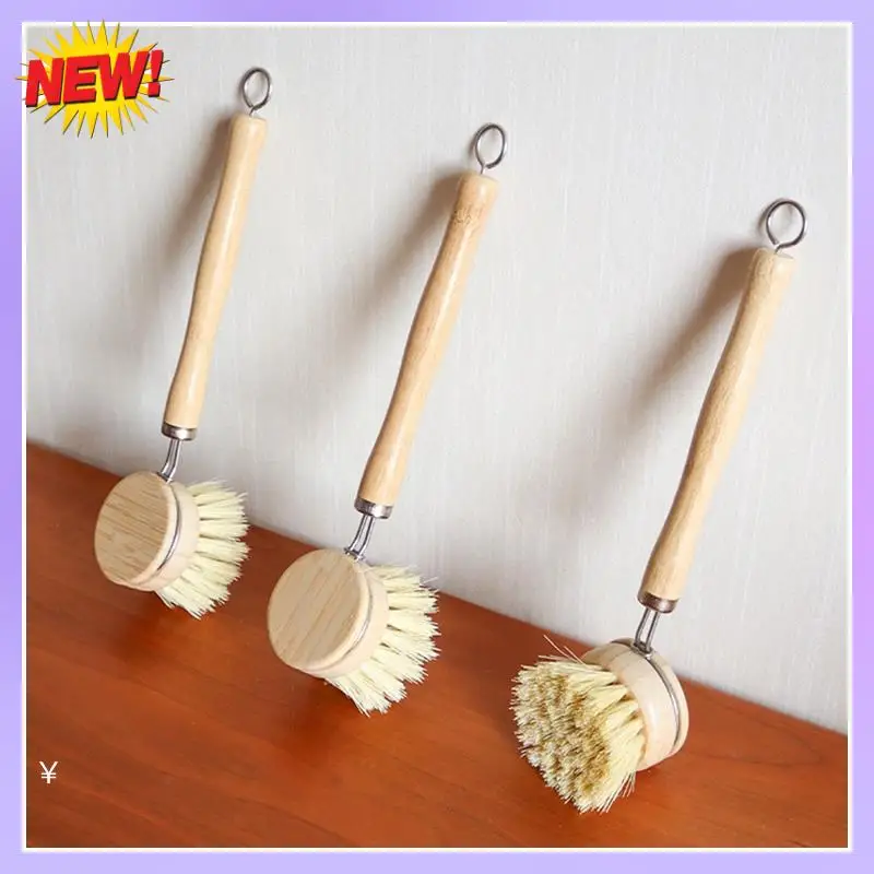 

T24C Sisal Pot Brush Long Handle Brush Dishwashing And Pot Washing Bamboo Handle Brush Kitchen Cleaning Descaling