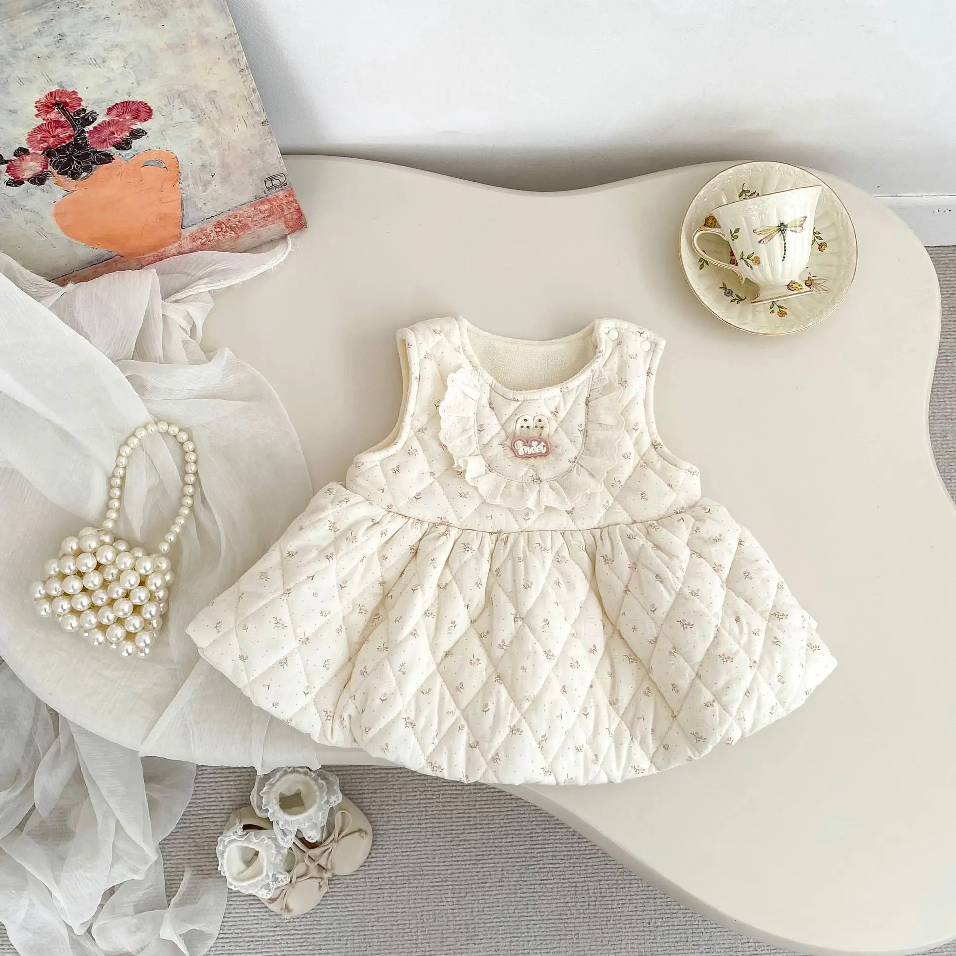 2026 New Winter Girls Floral Thick Fleece-Lined Jumper Dress | Princess Party Gown | Cute 1st Birthday Outfit