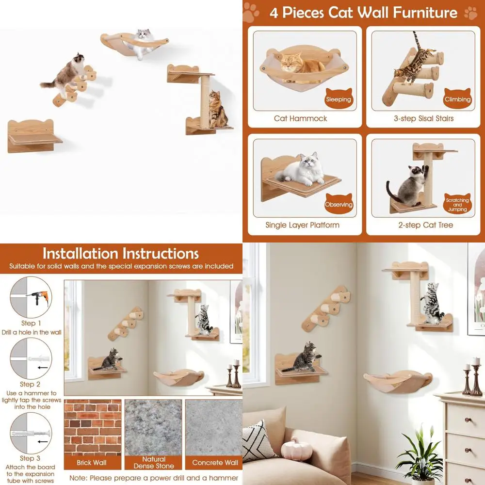 

Набор из 4 натуральных деревянных настенных полок для кошек с гамаком, 2-ступенчатой лестницей, сизалевыми ступенями и царапинками