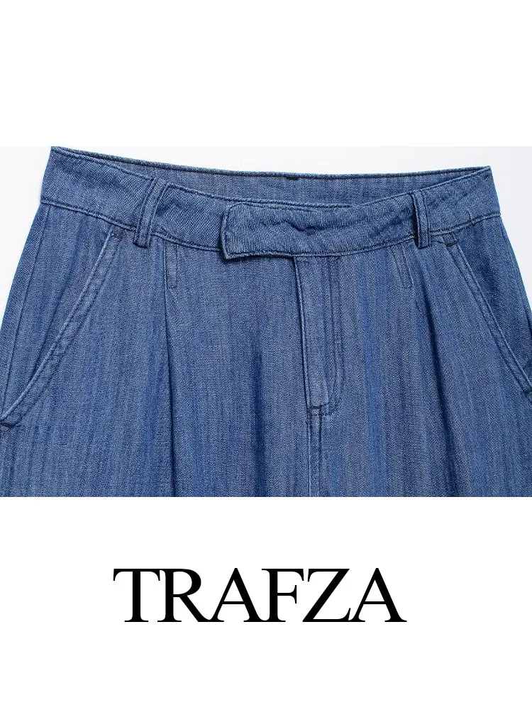 TRAFZA 2024 Female Casual Wide Leg Pants Denim Blue High Waist Pockets Buttons Zipper Trousers Autumn Woman Long Pants Trendy