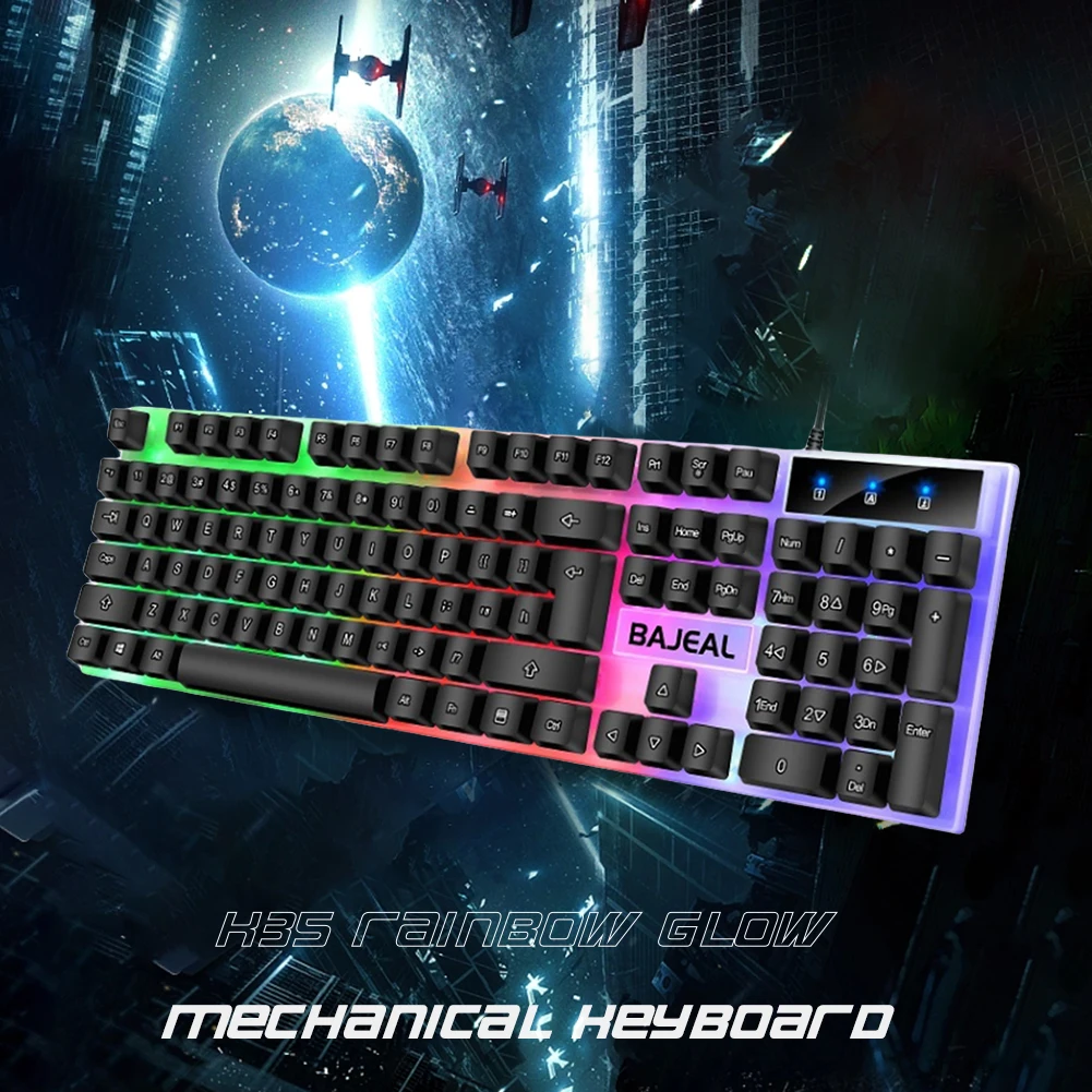 Seven Color Lights Backlit Keyboard Ergonomic Keyboard 98 Keys Mechanical Keyboard 1.5m Cable for Computer Laptop for PC Gamer