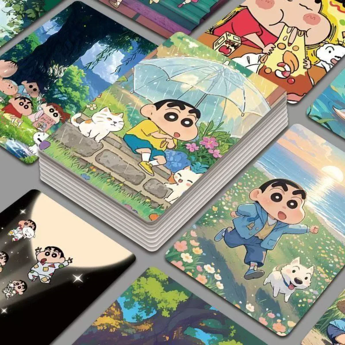 Figuras de Anime de Crayon Shin-chan, Tarjetas de Juego de Dibujos Animados, Tarjetas Periféricas Láser de Doble Cara, Caja de 55 Tarjetas LOMO Únicas, Juguetes de Regalo