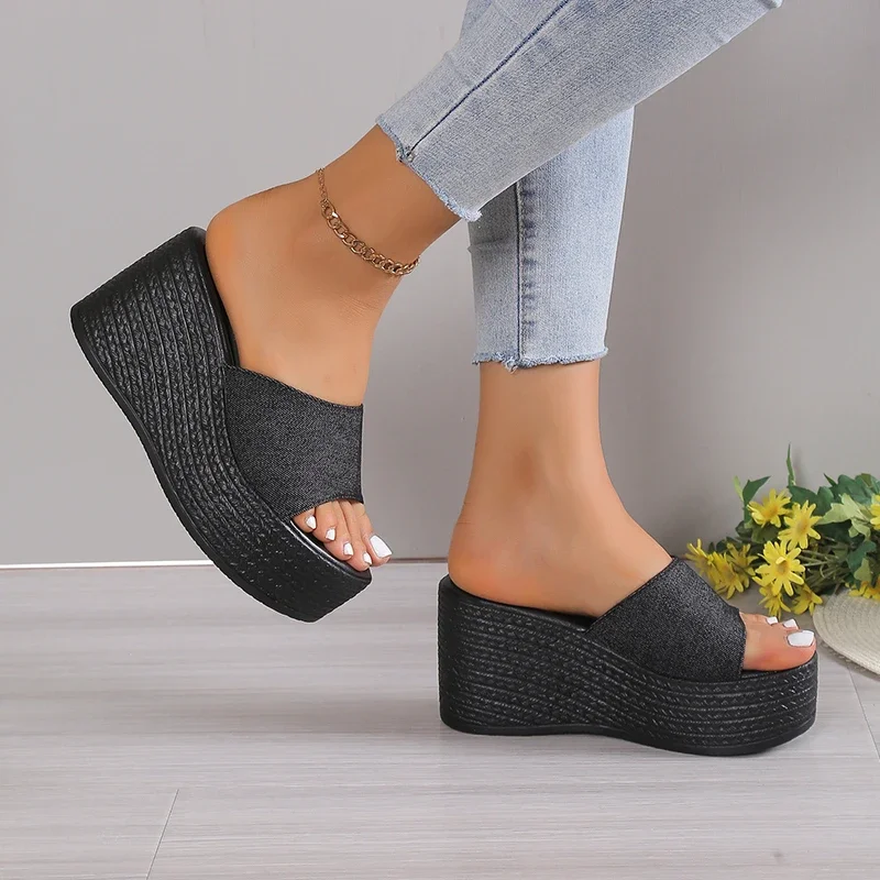 Plus Size Ladies Shoes Summer Fashion Slip-on Women\'s Slippers High Platform Wedge Casual Slippers Women Solid Sandals Ladies