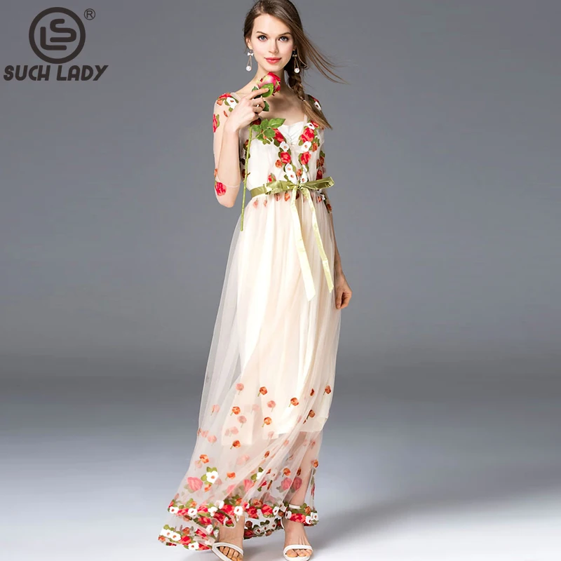 

Women's V Neck 3/4 Sleeves Embroidery Mesh Sash Belt Elegant Long Runway Dresses