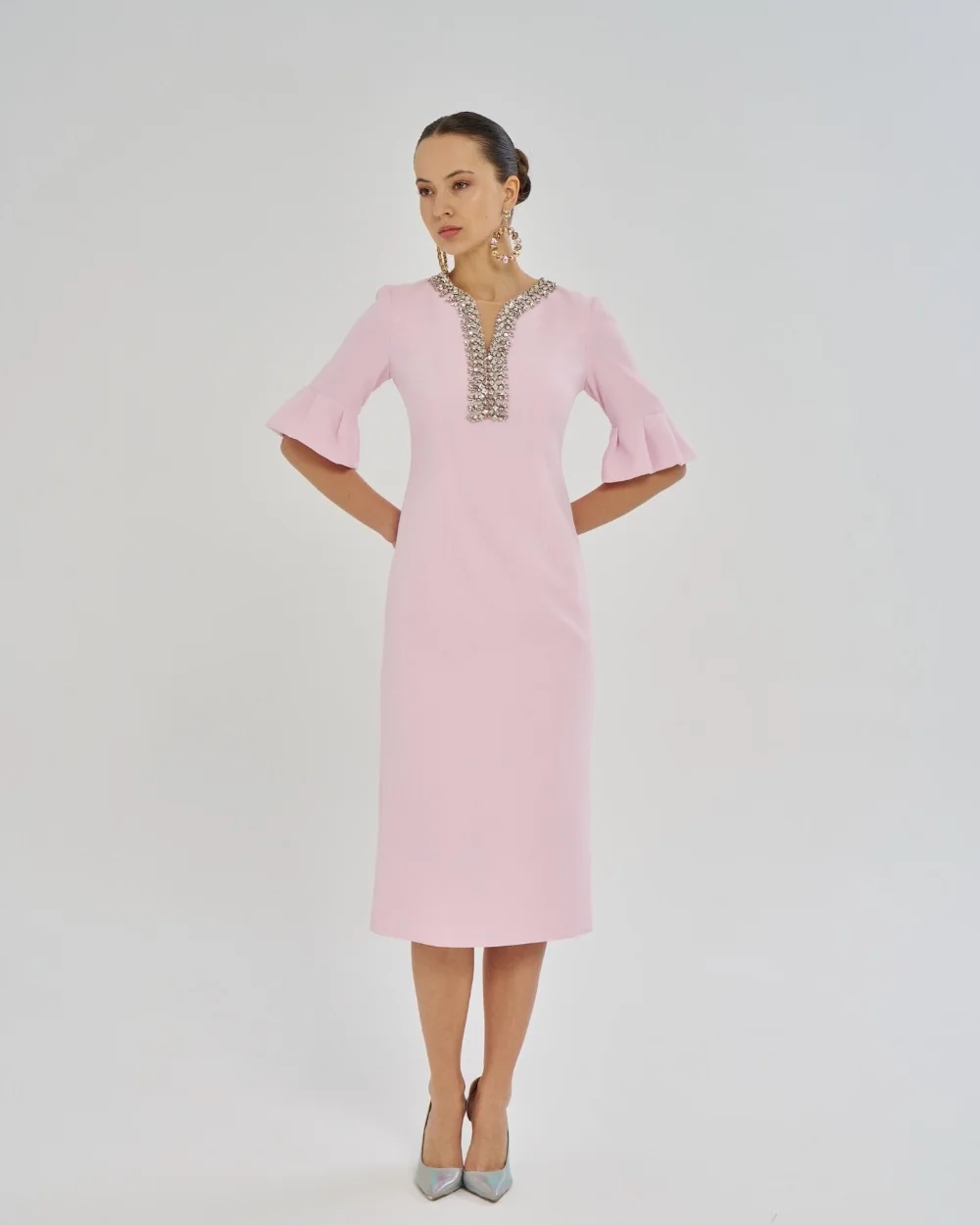 

Customized Pink Luxury High Quality Jersey Pleat Rhinestone Straight High Collar Tea Length Evening Dresses for Woman