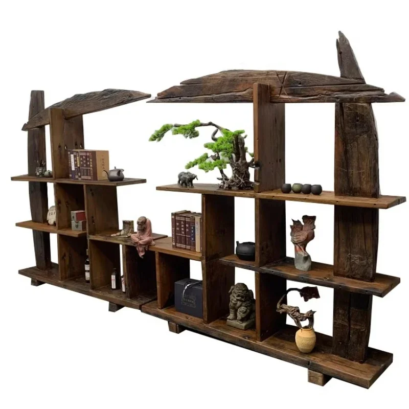 Wabi Sandy Wind Old Boat Wood Rack All Solid Wo od Chinese Living Room Partition Display Cabinet
