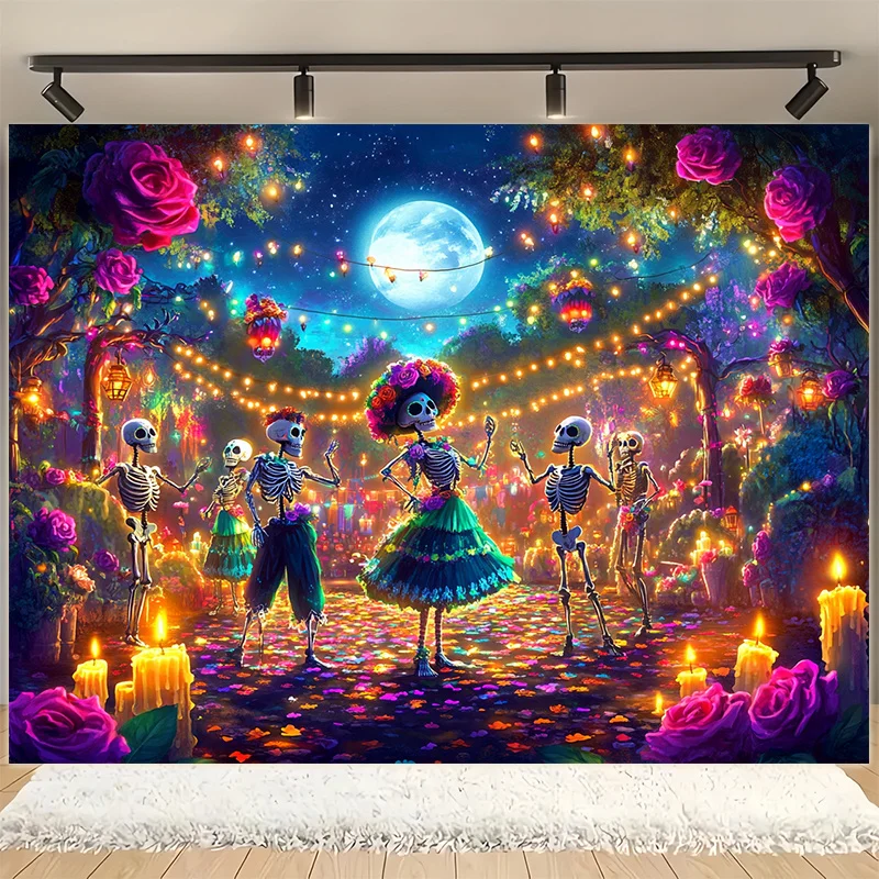 Day of the Dead Skeleton Dance Tapestry Colorful Moonlight Party Wall Decor Mexican Festival Sugar Skull Rose Candle BohemianArt