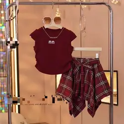 Girls' Summer Clothing Set 2024 Children's New Sleeveless T-shirt Korean Fashion Baby Checkered Skirt Two Piece Set