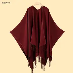 Solid Color Ponchos Men Women Big Size Stoles Artificial Cashmere Warm Cape Winter Autumn New Pashmina Vintage Tassel Echarpes