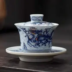 Metal Inlay Blue and White Chinese Dragon Gaiwan Single Ceramic Kungfu Tea Set Tea Making Bowl Tea Tureen