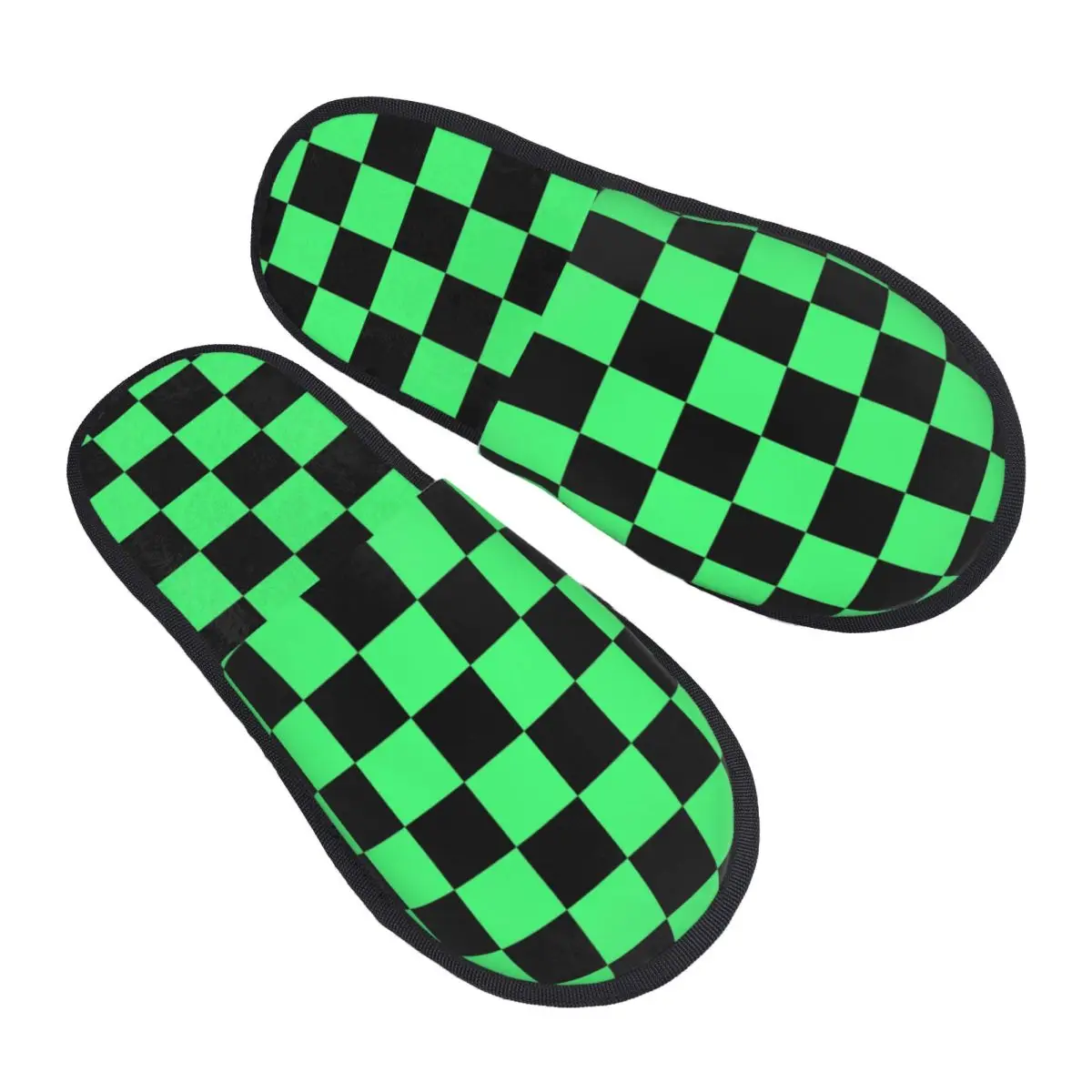 Custom Black And Green Checkerboard Pattern Memory Foam Slippers Women Comfy Warm Tartan Geometric House Slippers