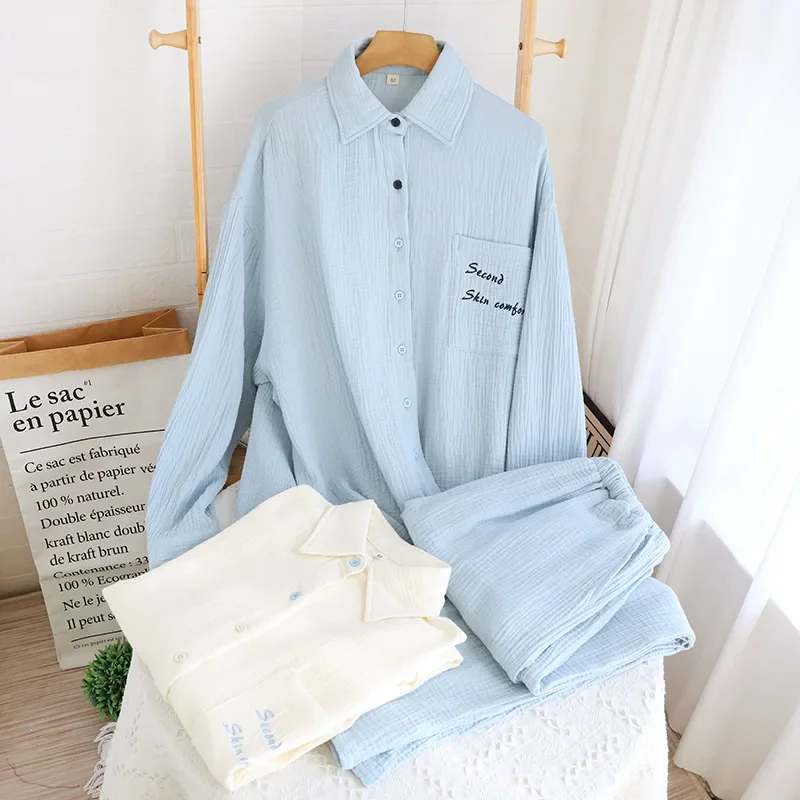 

Long Sleeved Long Trousers 2 Pcs Pajamas Set for Spring and Autumn Cotton Solid Color Simple Style Home Pajamas for Women