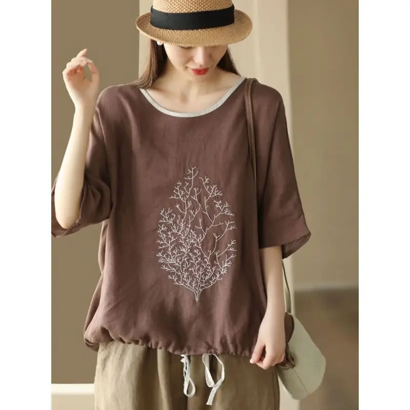 Women Summer Simplicity Trend Loose Embroidered Cotton and Linen O-neck Short Sleeve T-Shirt Ladies Casual All-match Lacing Tops