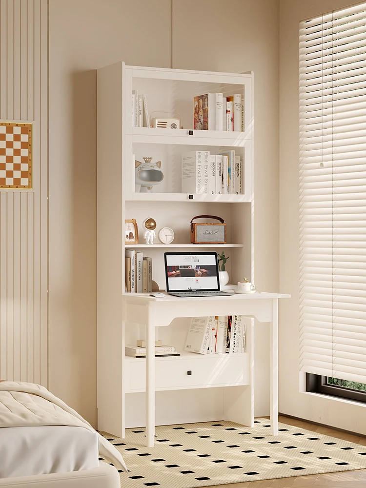 

MJY solid wood folding integrated bedroom household cream white computer desk bookcase combination