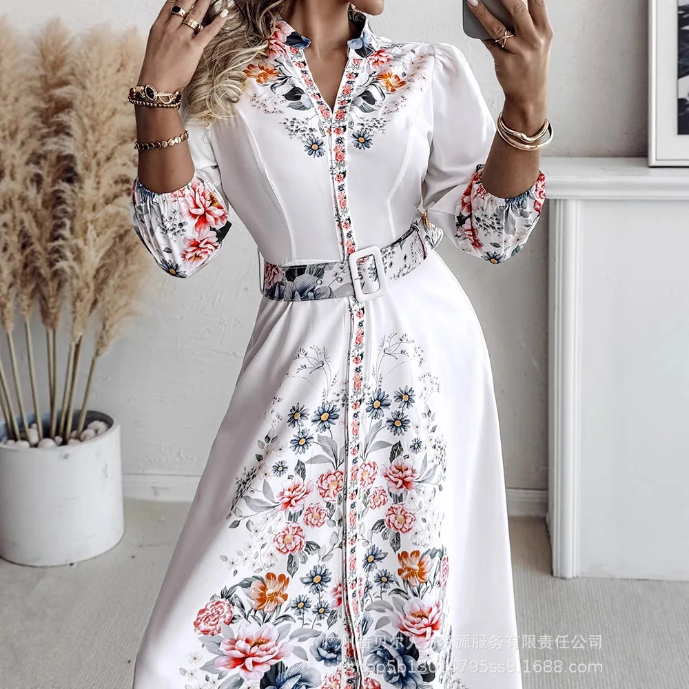 ผู้หญิงพิมพ์ลายดอกไม้ V คอสามในสี่ผูกรายละเอียดเสื้อชุดลําลอง A Line Slim Fit Maxi Dress