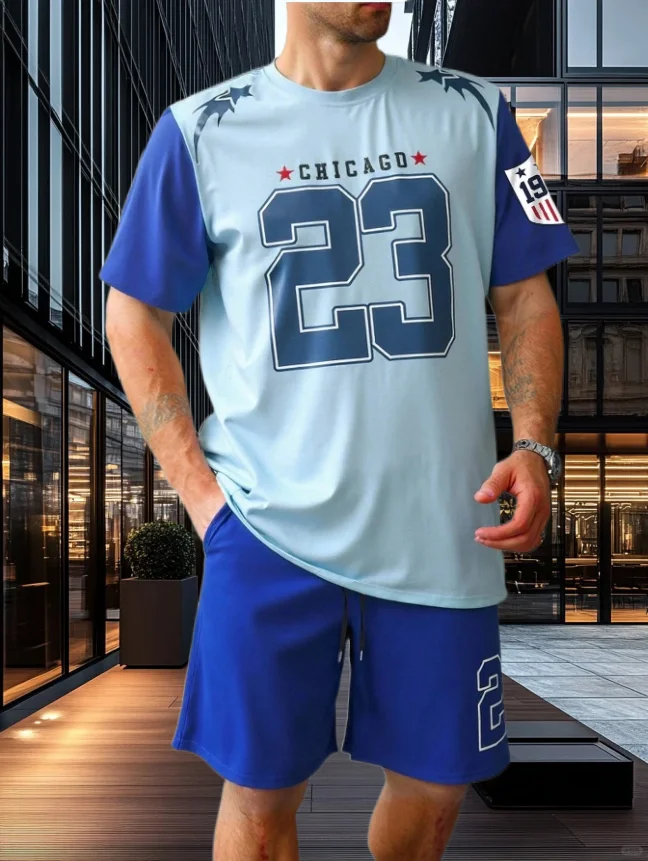 

2025/26 NEW N0.23 Short Sleeve TShirt Shorts Set Fashion Colorblock Gradient Unisex Tracksuit Oversized 2 Piece Set Sportwear