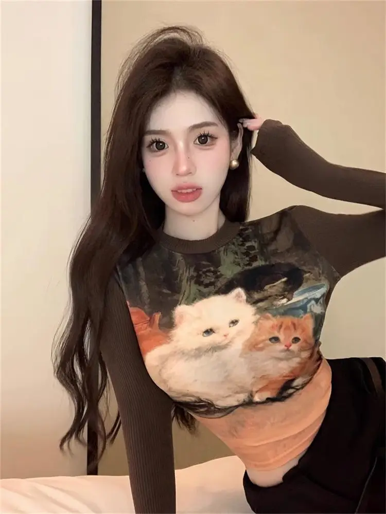

Japanese Y2k Cat Print T-shirt 2000s Aesthetics Long Sleeve Crop Tops Vintage Harajuku Patchwork Ribbed Tops Korean Cute