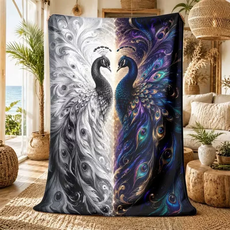 Black White Purple Peacock Feather Art Print Warm Cozy Soft Throw Blanket for Sofa Bed Couch Elegant Bedroom Home Decor