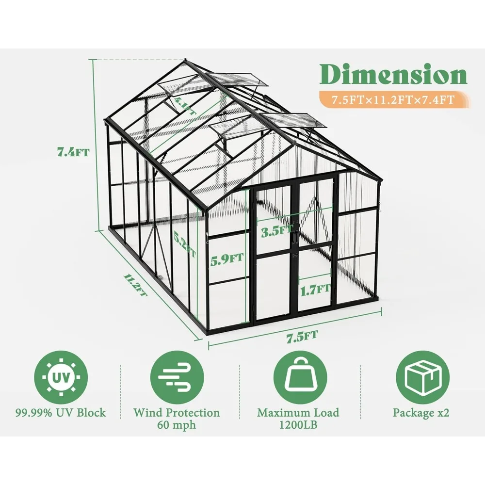 8x12x7.5 FT Greenhouse with Quick-Connect Fittings, 2 Swing Doors, Outdoor Walk-in Aluminum Polycarbonate Greenhouse