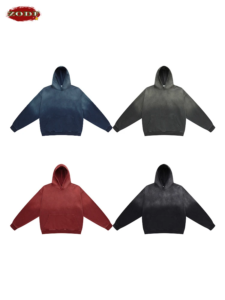 ZODF 2024 Spring Autumn Washed 380gsm Hoodies For Men Unisex Retro 100% Cotton Loose Hooded Pullovers Streetwears HY0782