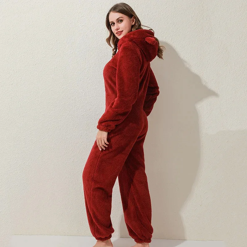 Pijamas cálidos de invierno para mujer, monos de lana esponjosos, ropa de dormir, conjuntos con capucha de talla grande, pijamas para mujer AdultS-5XL