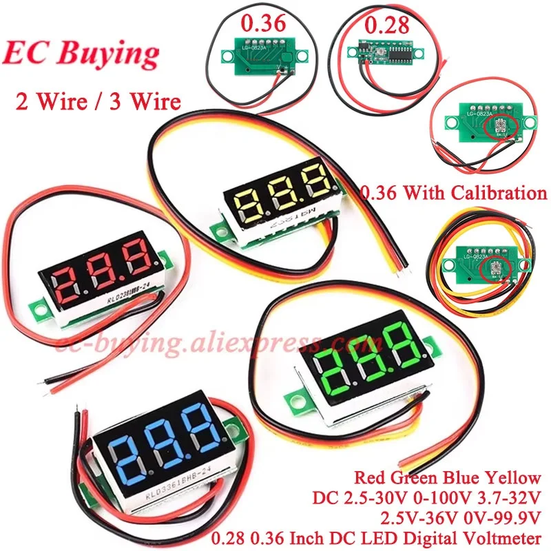 1-10Pcs 0.28 0.36 Inch DC Mini LED Digital Voltmeter 0-100V Voltage Meter 2 3 Wire Auto Car Mobile Power Voltage Tester Detector