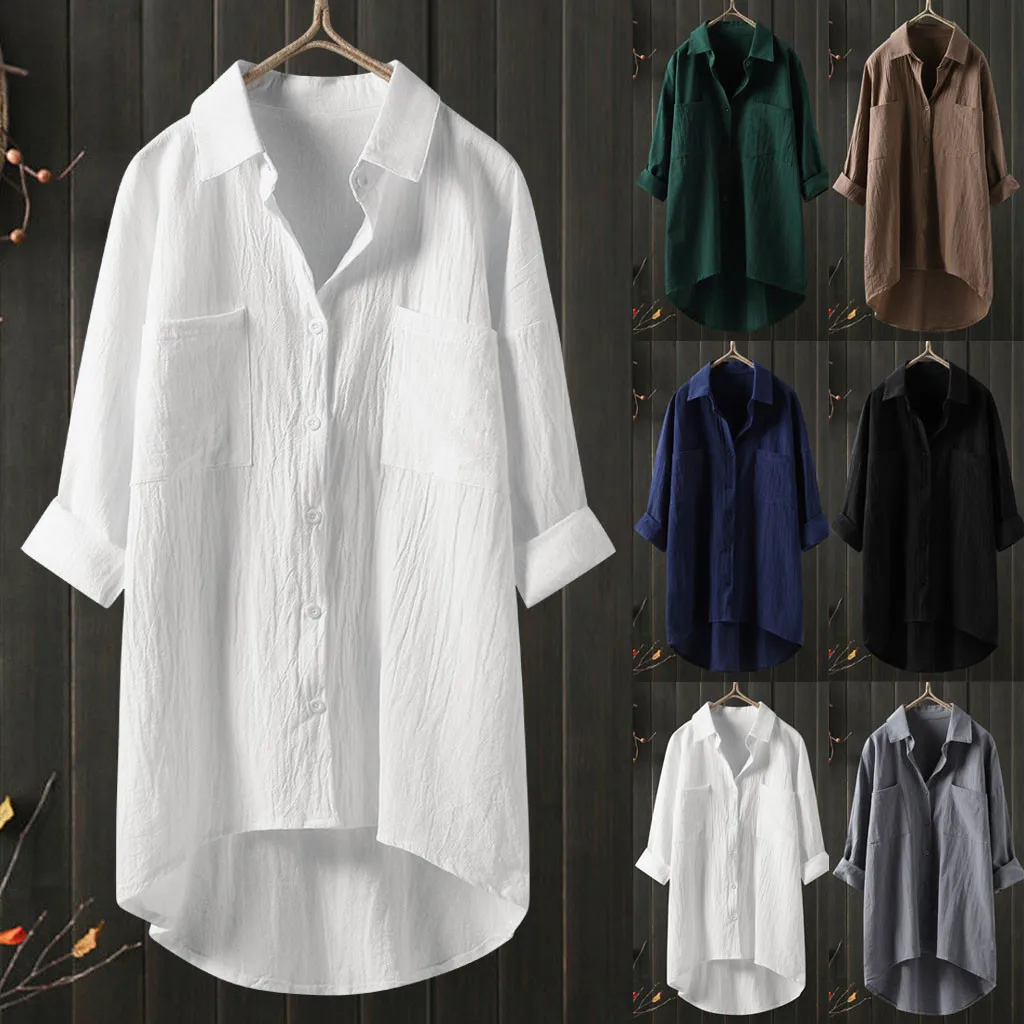 New Oversized Fashion Women Shirts Ladies Tops Summer Button Up Shirt Casual Cotton Linen Long Sleeve White Top Blusas Mujer