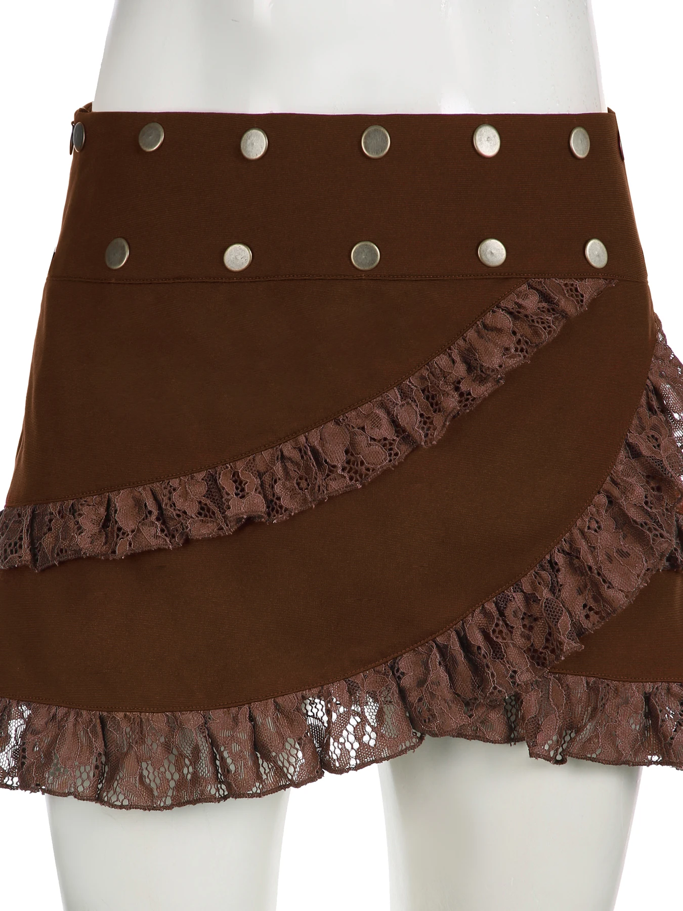 Rockmore Retro Brown Lace Patchwork Rivet Mini Skirt Women Low Rise Short Skirts Y2k Aesthetic 2000s Streetwear Outfit Coqutte