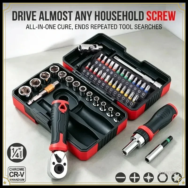 45Pcs Ratchet Socket Wrench Set 1/4 Inch Drive CR-V Steel 72-Tooth Magnetic Screwdriver Bit Kit for Home Repair DIY with Case