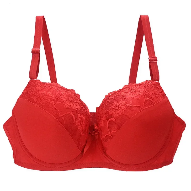 BCDE Cup Bras Sexy Lace Plus Size Underwear Wireless Adjustable Lace Embroidered Womens Bra Large Lingerie Red with Steel Ring