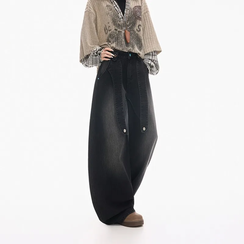 2025 Ropa Y2K حزام الموضة المرقعة فضفاض المرأة مكدسة الجينز السراويل للمرأة الملابس خمر الأزرق بناطيل جينز غير رسمية