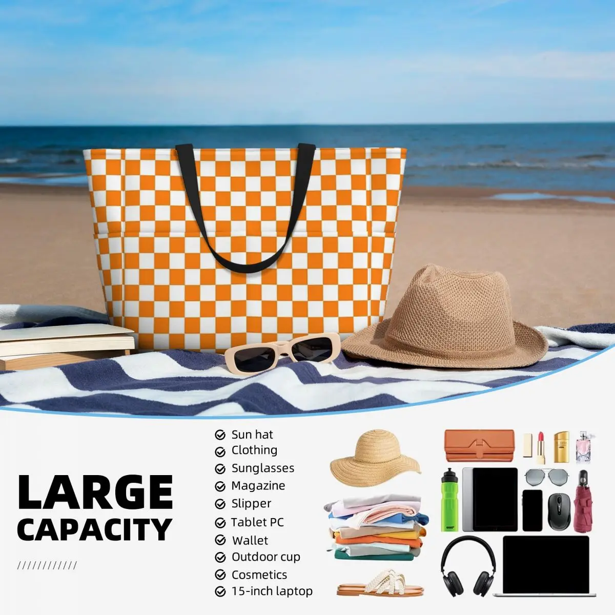 Borsa tote da spiaggia con motivo a quadretti bianco arancione Borsa sportiva da palestra per yoga Borsone grande borsa da viaggio da donna Borsa da fitness