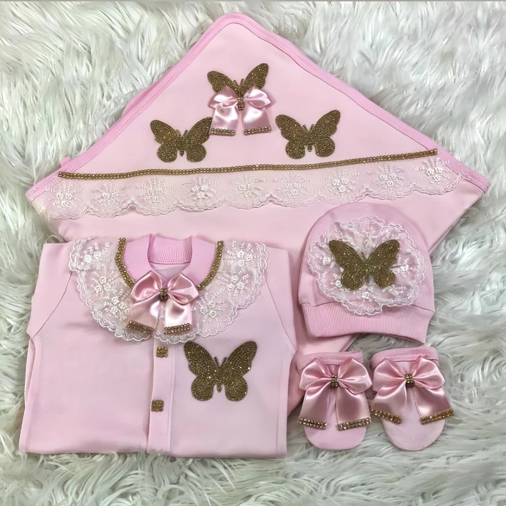 Dollbling me leve para casa berçário bebê luxo hospital saída roupas recém-nascido renda rosa 5 pçs recebendo cobertor borboleta conjunto macacão