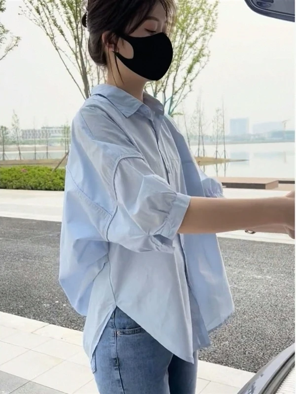 Elegant Hong Kong Style Loose Short Sleeve Women's Shirt Summer Slimming Design Back Hollow out Casual Top Fashionable