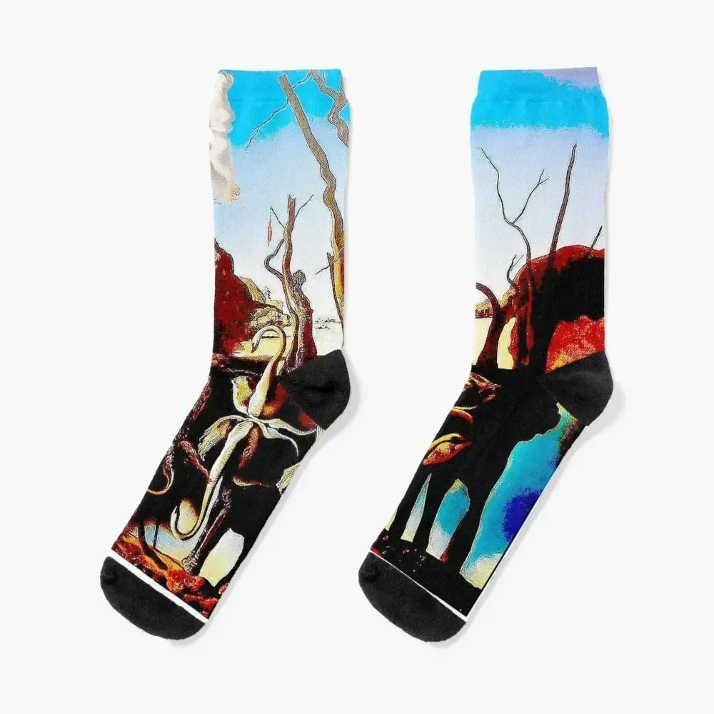 SWANS REFLECTING ELEPHANTS : Vintage AbstractPainting Print Socks Heating sock gym luxe Boy Socks Women's
