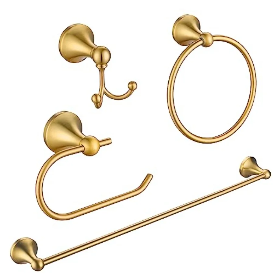

4 Pcs Bathroom Hardware Set - Brass Bathroom Accessories Kit Stainless Steel Wall Mounted 23.6 Inch Towel Bar Towel Hook Toilet