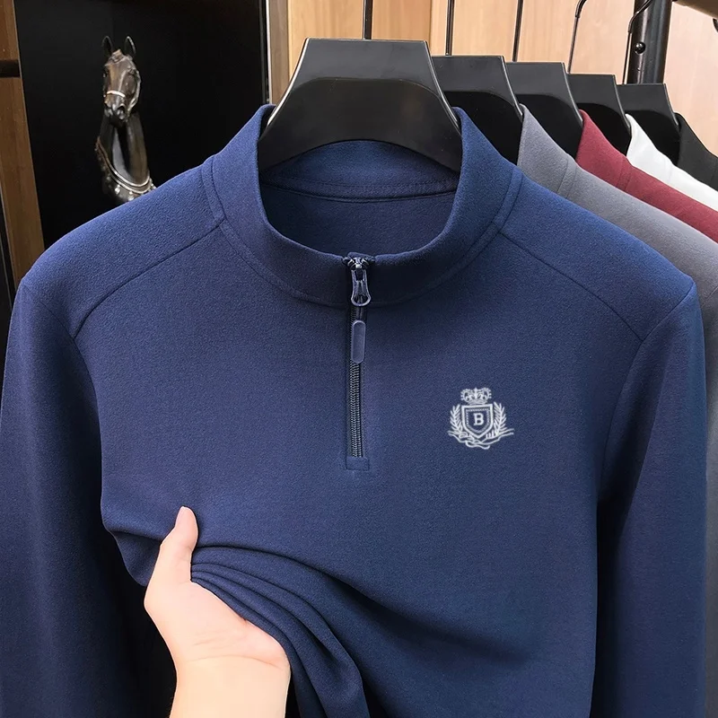 Camiseta de Moda Original com Bordado de Coroa, Zíper, Gola Meio Alta, Manga Longa, de Outono, Quente e Confortável, Suéter Masculino.