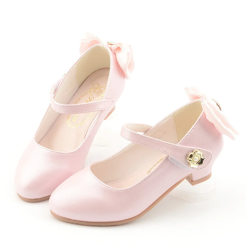 Children Party Leather Shoes Girls PU Low Heel Lace Bowtie Kids Shoes for Girls Single Shoes Dance Dress Shoe White Pink Black