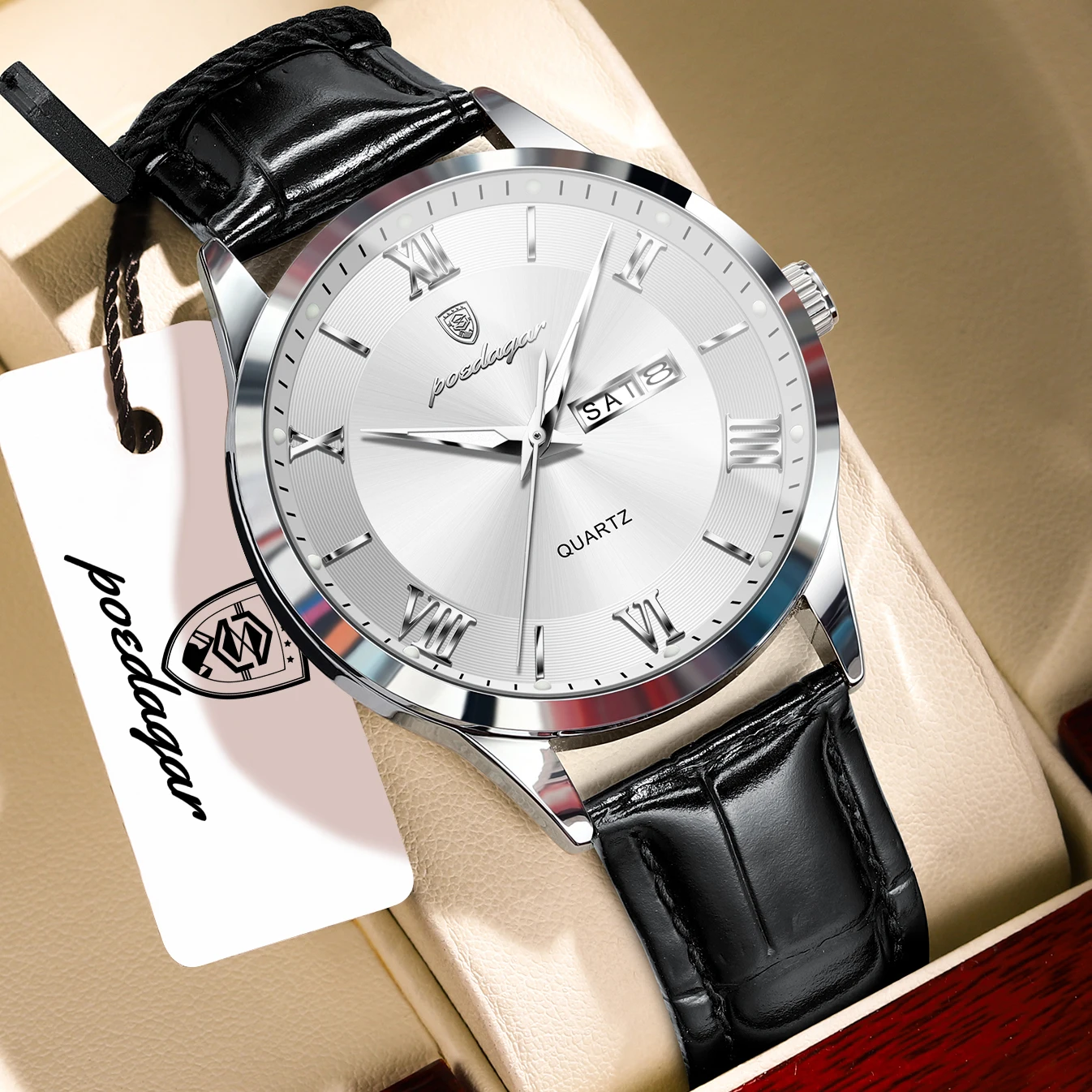 POEDAGAR Fashion Quartz Man Wristwatch Leather Date Week Men Clock Waterproof Luminous High Quality Business Men's Watches Reloj