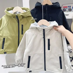 Autumn Winter 2024 Students Boys Hooded Integrated Velvet Coats Zipper Thickened Kid Boys Outerwear Patched Children Boy Jackets