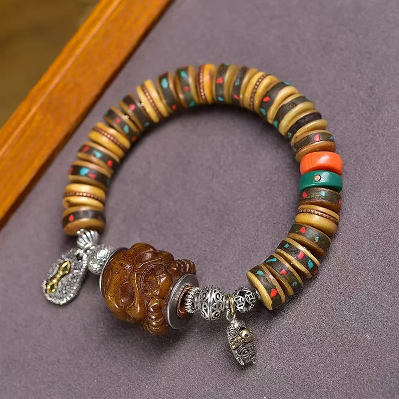 Yak Duobao Inlaid Bead Playing Single-Wrap Bracelet Pharmacist Agate Gossip Backflow Bone Cultural Artifact Prayer Beads Br