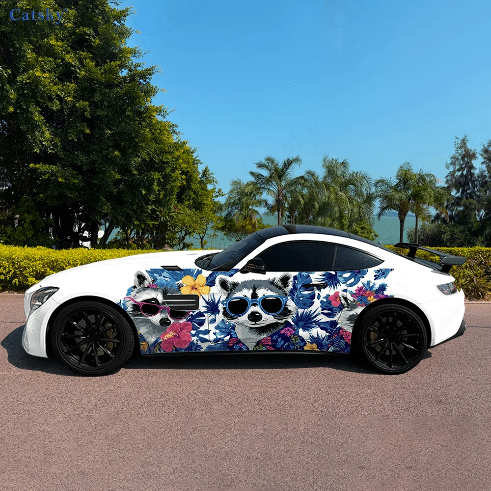 

Colored Raccoon Hawaii Style Car Vinyl Wraps Decal Self-adhesive PVC Sticker Suitable for Trucks SUV Decor Auto Accessories Gift