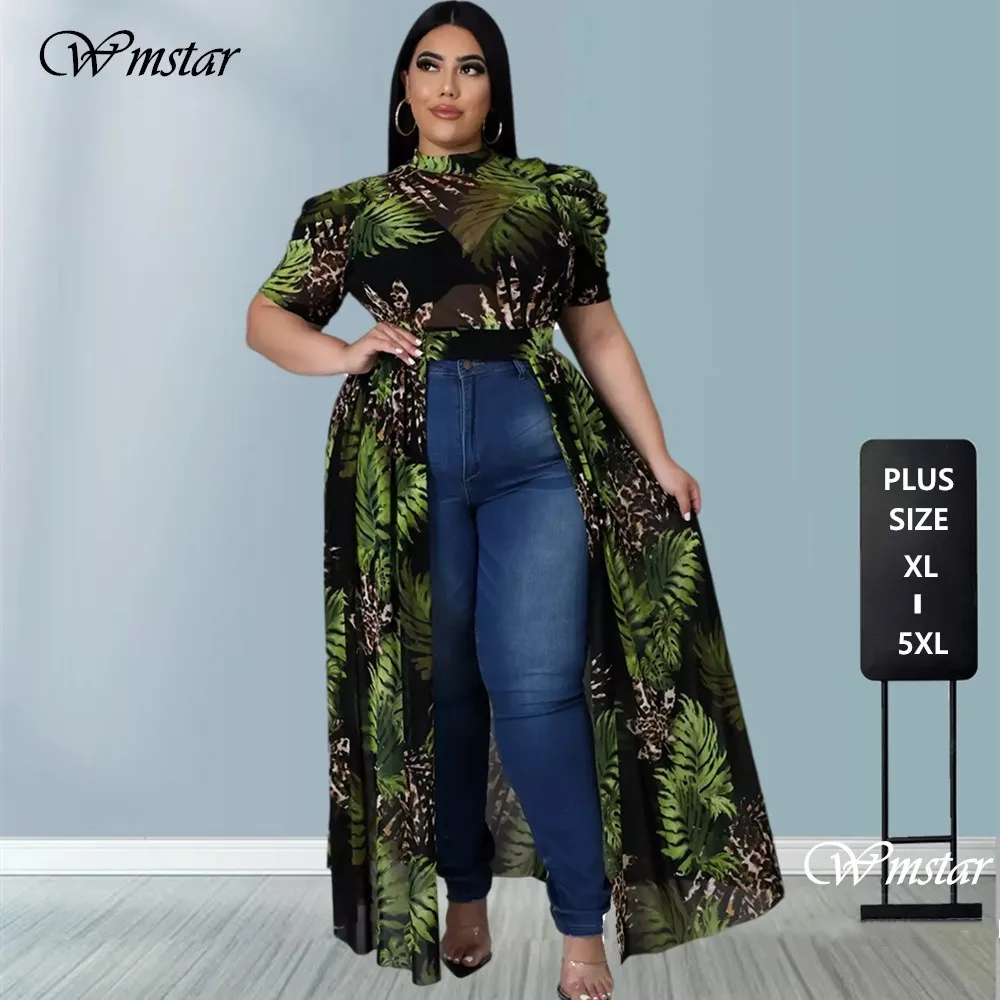 Wmstar Plus Size Plus Size T-Shirts Print Women Tops Puff Short Sleeve Mesh See Through Sexy Chiffon Bulk Wholesale Dropshipping