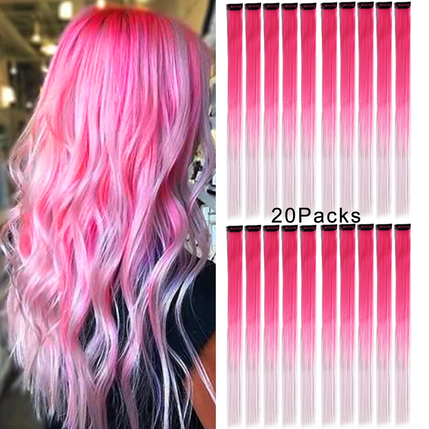 20Pcs Colorful Party Highlights Clip in Coloured Hair Extensions Multicolors Straight Synthetic Hairpieces for Women Kids Girls